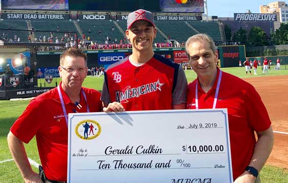 MLBCMA Officer Guy Gallagher and MLBCMA President Lou Cucuzza, Jr. present the check for Gerald Culkin of the Tampa Rays to Rays player Charlie Morton. Fund Administrator :